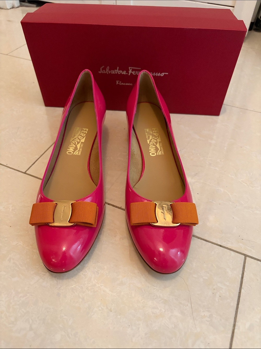 Salvatore Ferragamo Hot Pink Patent Leather Vara Bow Flats with Orange Bow